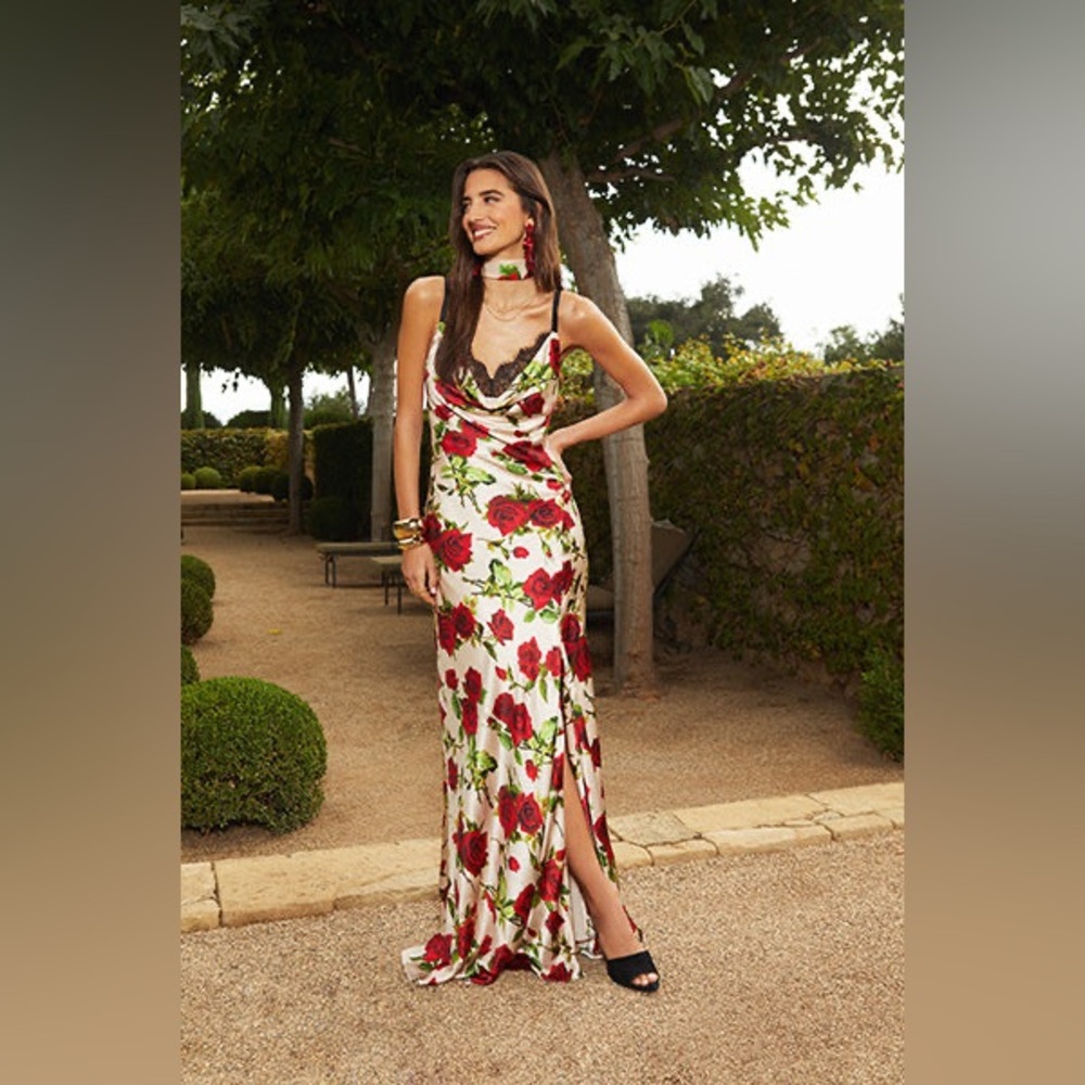 NWT L'AGENCE Venice Luxe Lace Trim Silk Satin Rose Print Slip Dress Gown